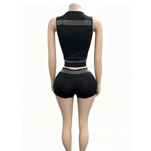 Rivets Zipper Up Sleeveless Top Fitted Short Set
