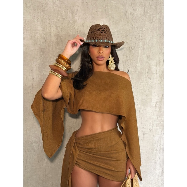 Breathable Off-shoulder Top Tie-up Skirt Set