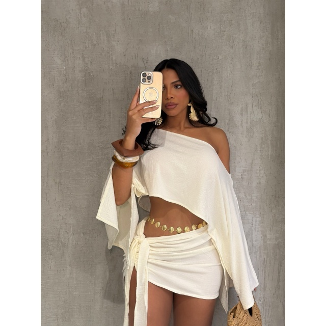 Breathable Off-shoulder Top Tie-up Skirt Set