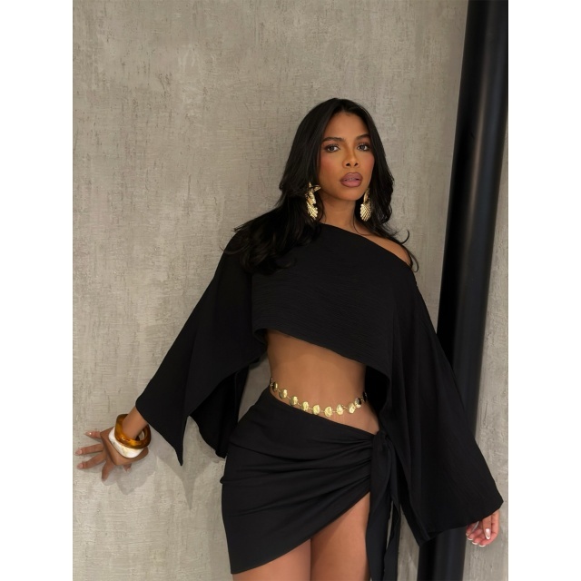 Breathable Off-shoulder Top Tie-up Skirt Set