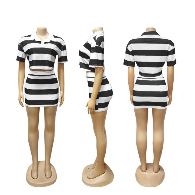 Contrast Color Striped Polo Top Mini Skirt Set