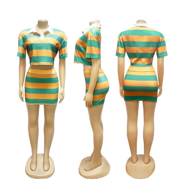 Contrast Color Striped Polo Top Mini Skirt Set
