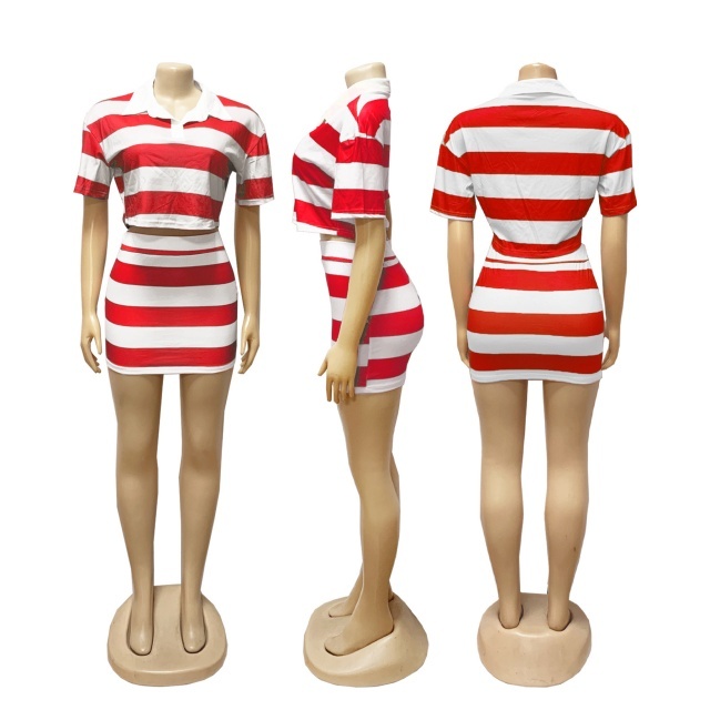 Contrast Color Striped Polo Top Mini Skirt Set