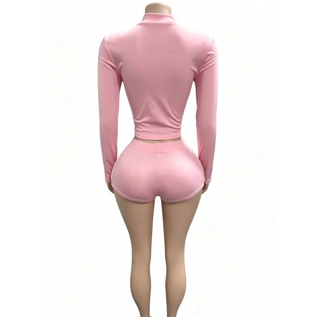 Long Sleeve Zipper Up Top Slim Fit Short Set