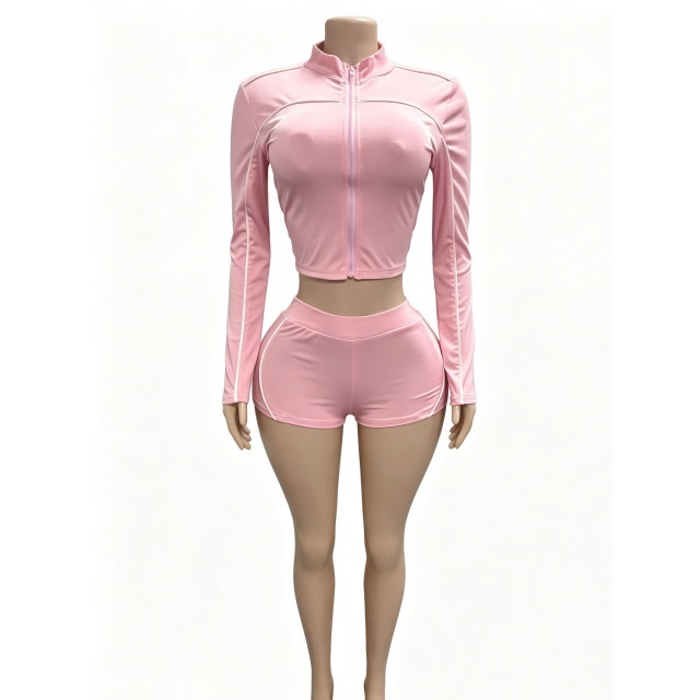 Long Sleeve Zipper Up Top Slim Fit Short Set