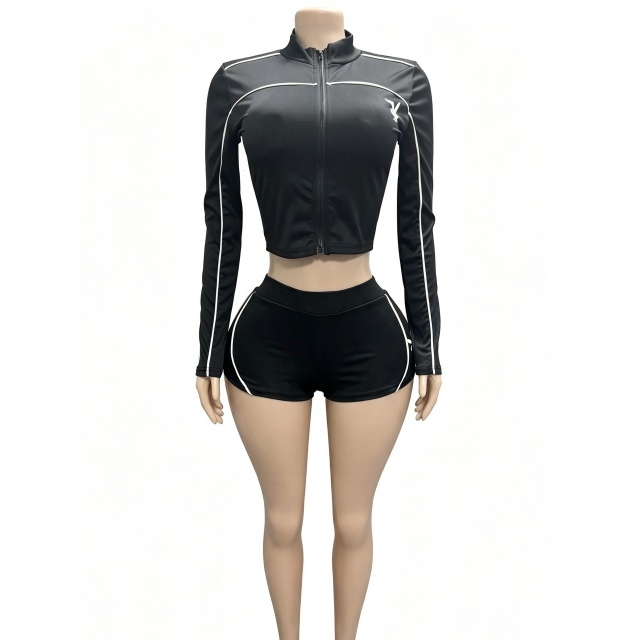 Long Sleeve Zipper Up Top Slim Fit Short Set