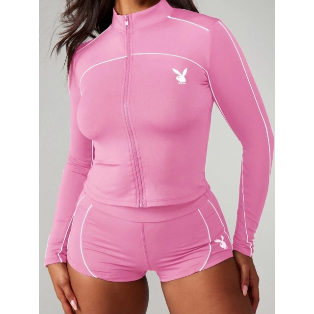Long Sleeve Zipper Up Top Slim Fit Short Set