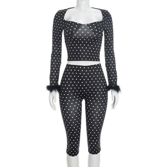 Polka Dots Fur-trim Long-sleeve Top Midi Pant Set