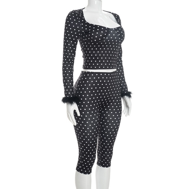 Polka Dots Fur-trim Long-sleeve Top Midi Pant Set