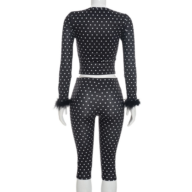 Polka Dots Fur-trim Long-sleeve Top Midi Pant Set