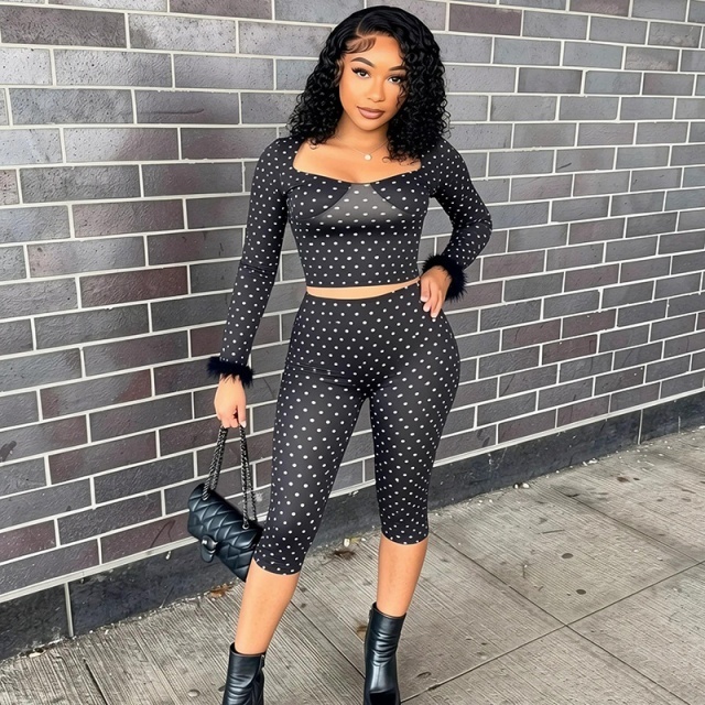 Polka Dots Fur-trim Long-sleeve Top Midi Pant Set