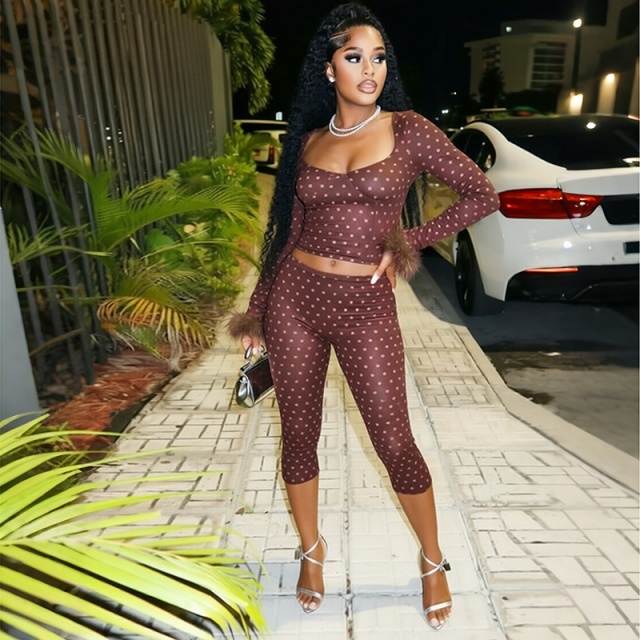 Polka Dots Fur-trim Long-sleeve Top Midi Pant Set