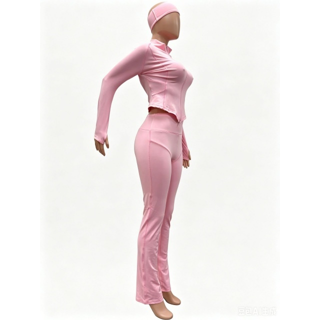 Solid Color Zipper Up Top Flare Pant Set with Headband