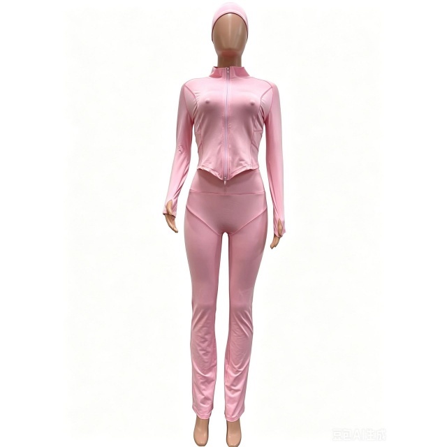 Solid Color Zipper Up Top Flare Pant Set with Headband