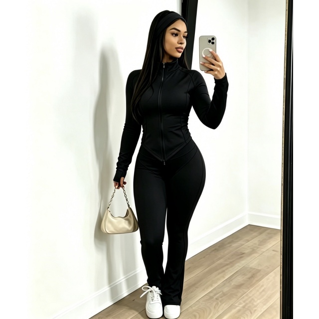 Solid Color Zipper Up Top Flare Pant Set with Headband