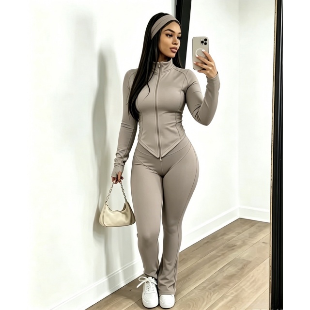 Solid Color Zipper Up Top Flare Pant Set with Headband
