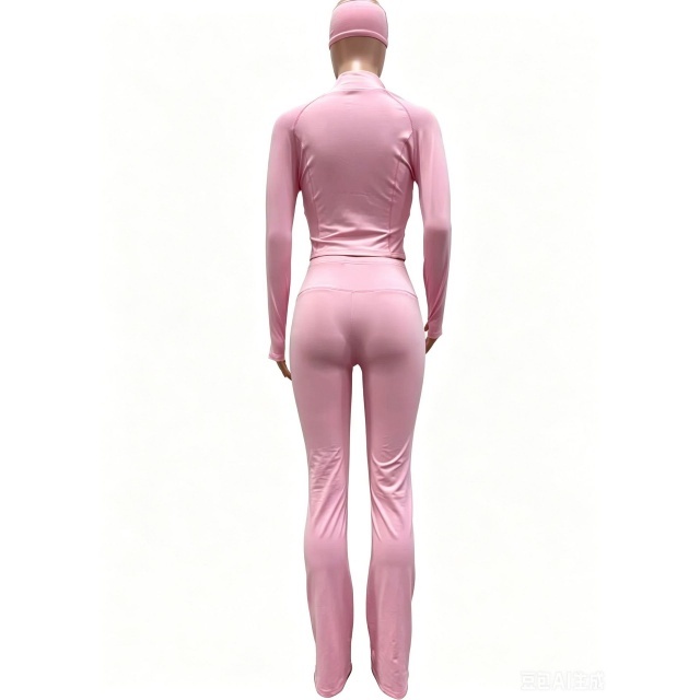 Solid Color Zipper Up Top Flare Pant Set with Headband
