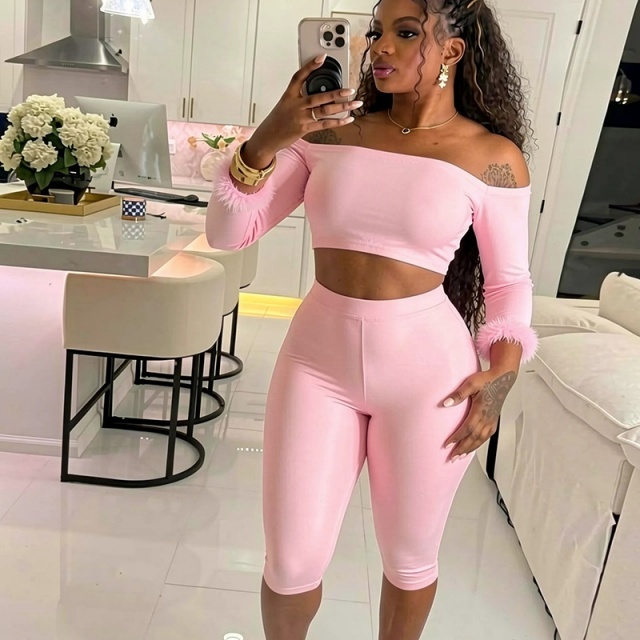 Strapless Fur-trim Long Sleeve Top Cropped Pant Set