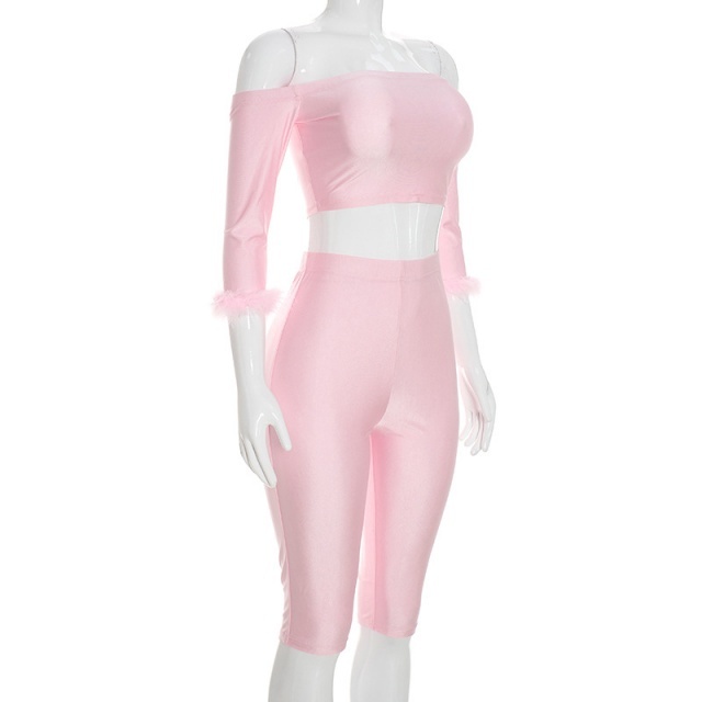 Strapless Fur-trim Long Sleeve Top Cropped Pant Set