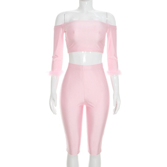 Strapless Fur-trim Long Sleeve Top Cropped Pant Set