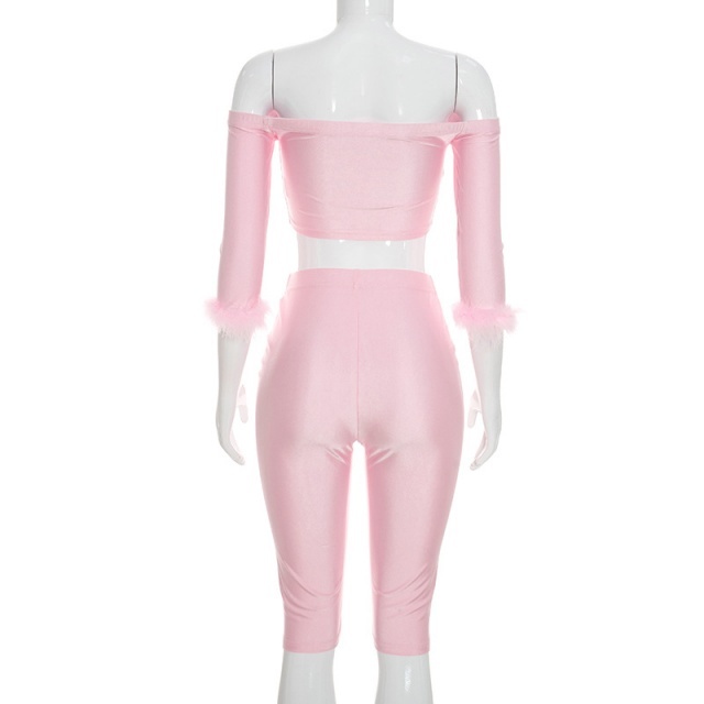 Strapless Fur-trim Long Sleeve Top Cropped Pant Set