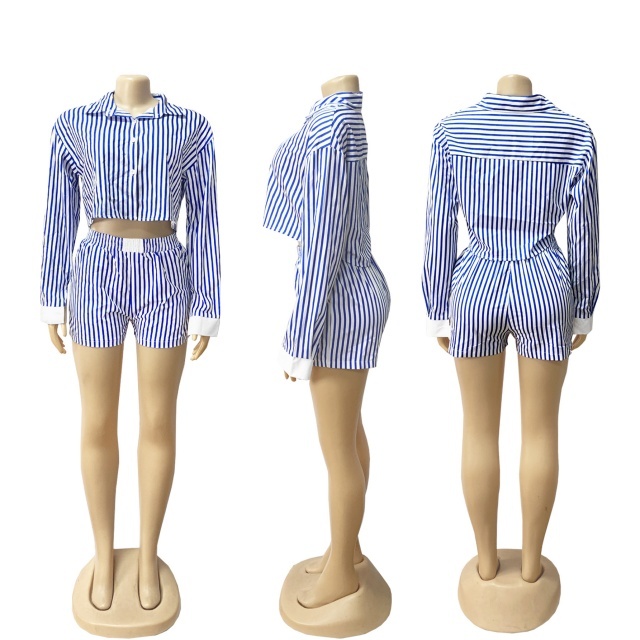 Striped Printed Blouse Shirt Top Two Pieces Short Set
