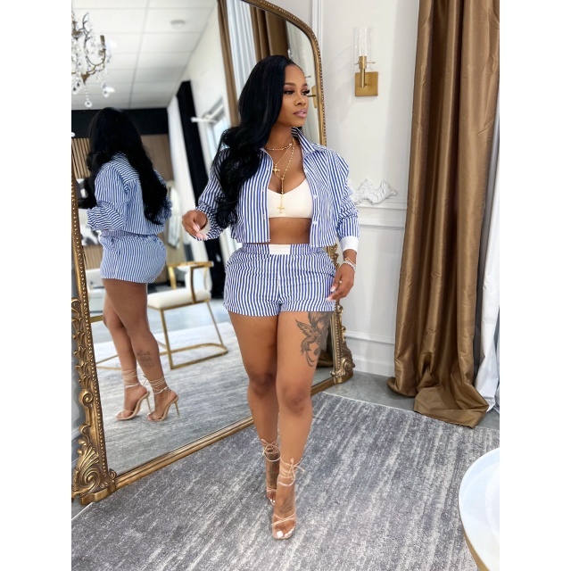 Striped Printed Blouse Shirt Top Two Pieces Short Set
