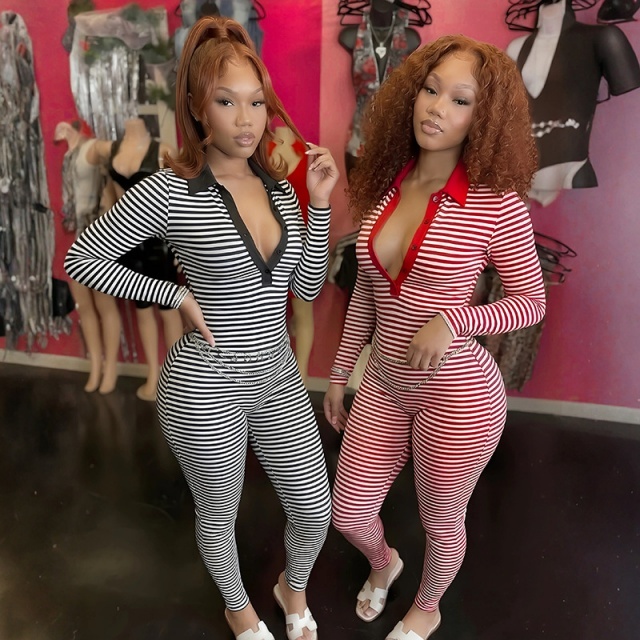 Striped Printed V Neck Long Sleeve Slim Fitted Jumpsuit