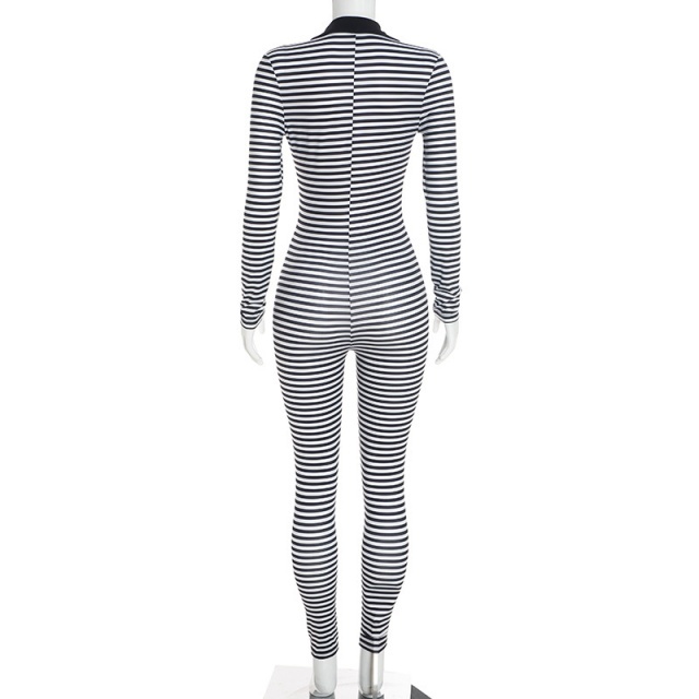 Striped Printed V Neck Long Sleeve Slim Fitted Jumpsuit