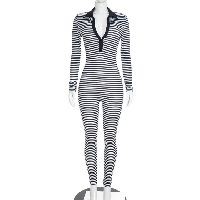 Striped Printed V Neck Long Sleeve Slim Fitted Jumpsuit
