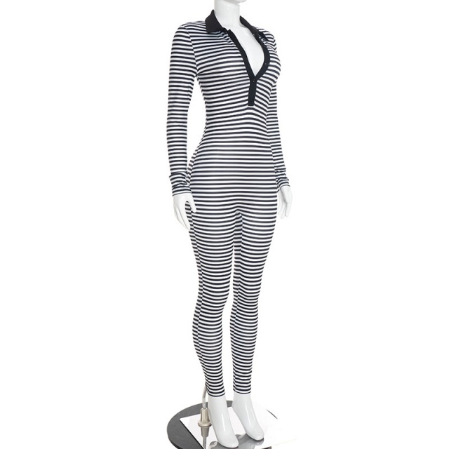 Striped Printed V Neck Long Sleeve Slim Fitted Jumpsuit