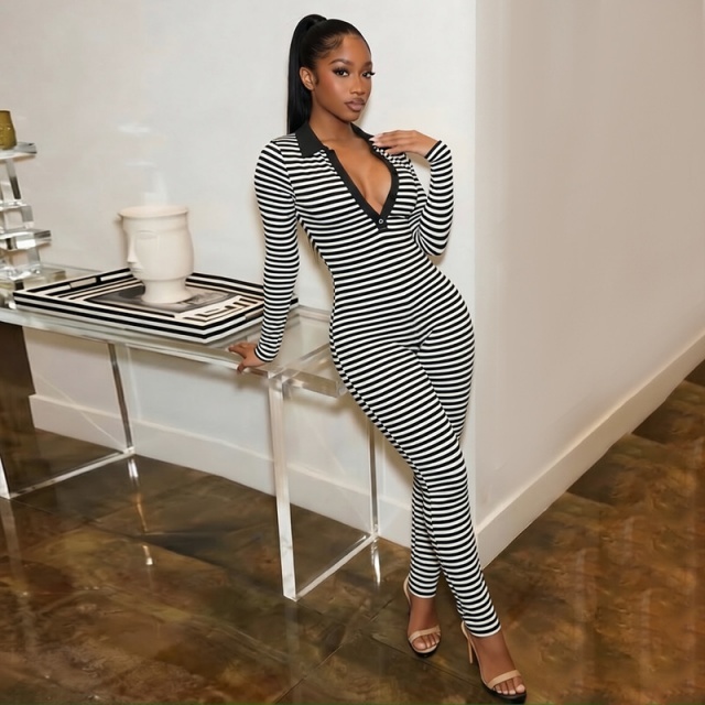 Striped Printed V Neck Long Sleeve Slim Fitted Jumpsuit