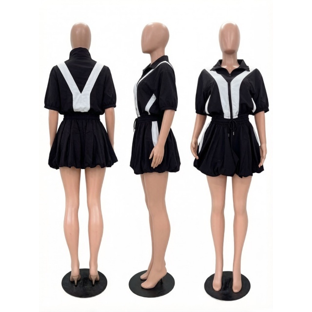 Colorblock Striped Half Sleeve Top Bubble Skirt Set