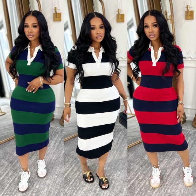 Contrast Color Striped Polo Slim Fitted Midi Dress