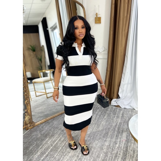 Contrast Color Striped Polo Slim Fitted Midi Dress