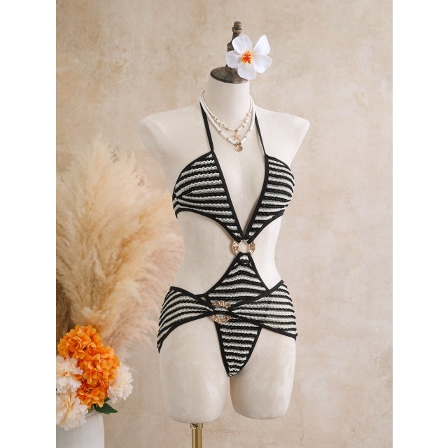 Hollow Out Halter Neck One Piece Swimsuit Set