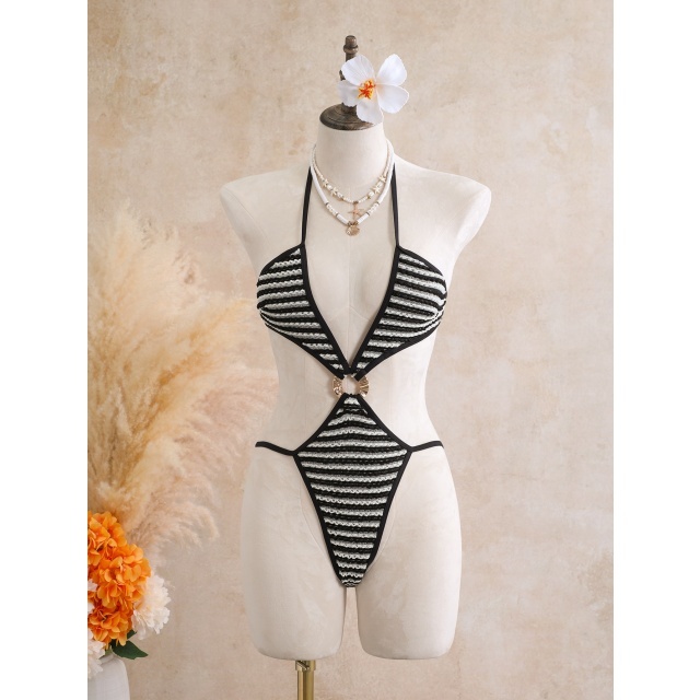 Hollow Out Halter Neck One Piece Swimsuit Set
