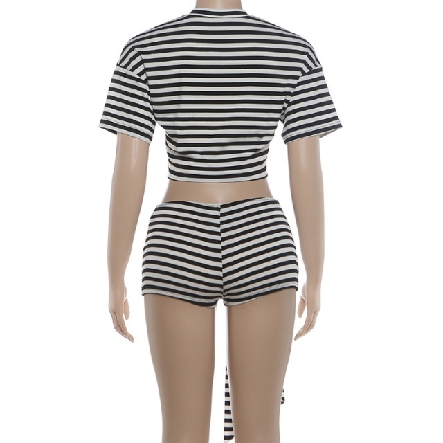 Short Sleeve Cropped Top Striped Fitted Short Set