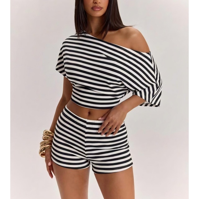 Striped Off-shoulder Short-sleeved Top Slim Fit Shorts Set
