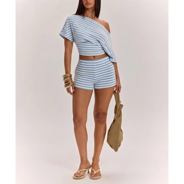 Striped Off-shoulder Short-sleeved Top Slim Fit Shorts Set