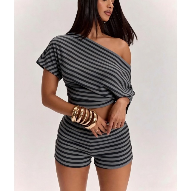 Striped Off-shoulder Short-sleeved Top Slim Fit Shorts Set