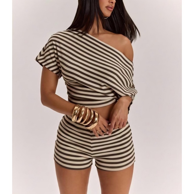 Striped Off-shoulder Short-sleeved Top Slim Fit Shorts Set