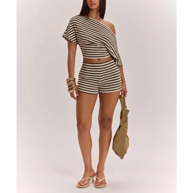 Striped Off-shoulder Short-sleeved Top Slim Fit Shorts Set