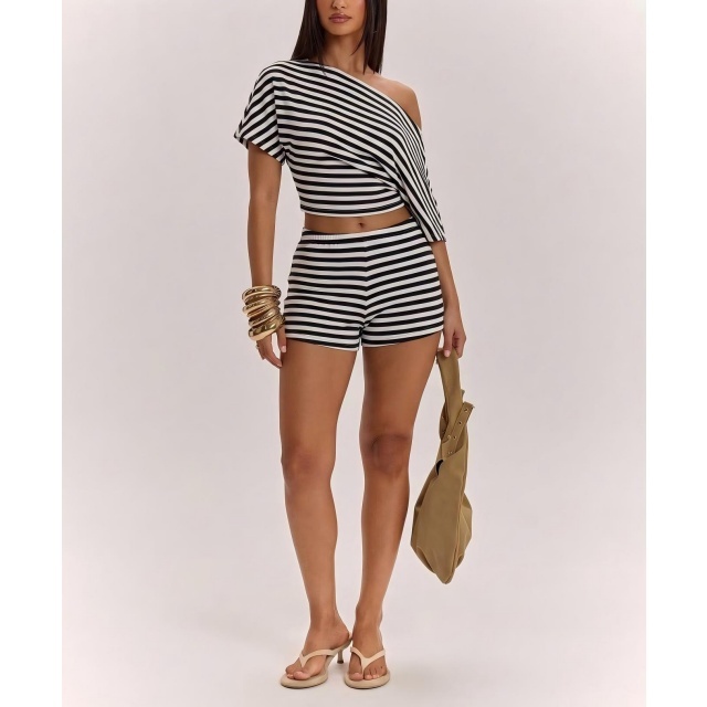 Striped Off-shoulder Short-sleeved Top Slim Fit Shorts Set