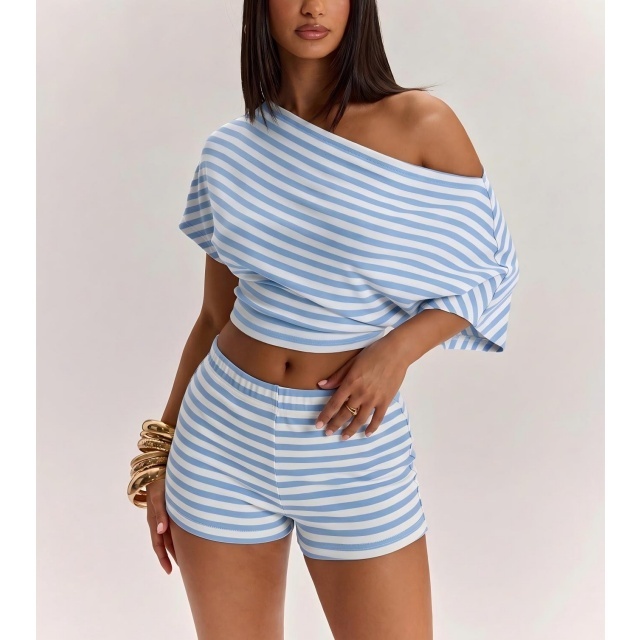 Striped Off-shoulder Short-sleeved Top Slim Fit Shorts Set