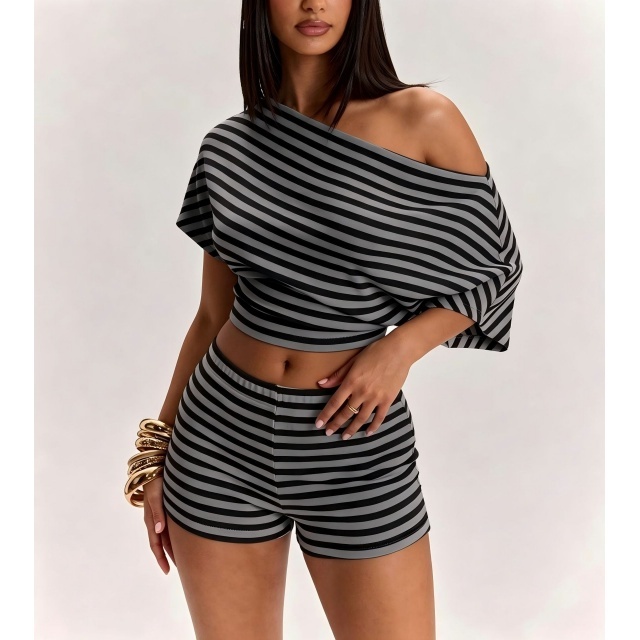 Striped Off-shoulder Short-sleeved Top Slim Fit Shorts Set