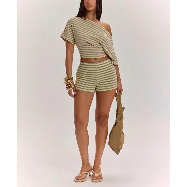 Striped Off-shoulder Short-sleeved Top Slim Fit Shorts Set