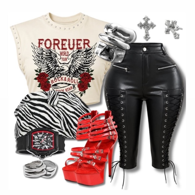 Printed Sleeveless Tank Top Skinny Laced-up Pu Pants Set