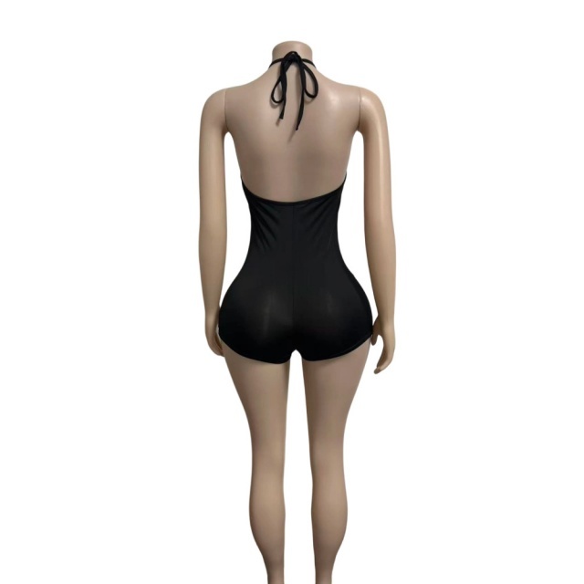 Deep V Halter Eyelet Laced-up Fitted Romper
