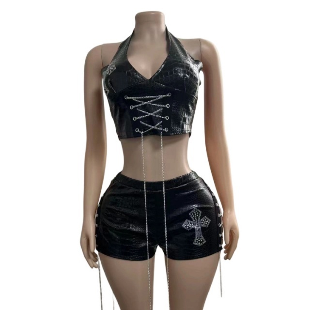 PU Leather Halter Neck Top Chains Laced-up Mini Short Set